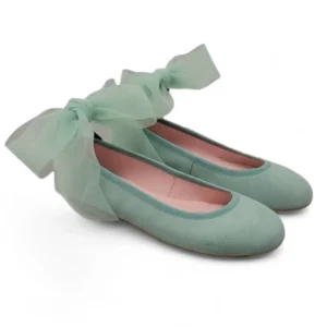 zapato comunion bailarina verde agua con cintas