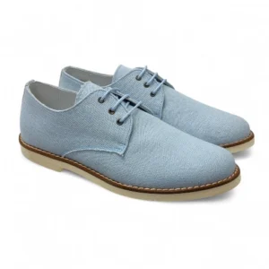 Zapato comunion niño en tejido lino color celeste.
