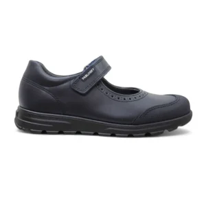Zapato colegial mercedita para niña Pablosky 334120 en piel color azul marino, vista lateral.