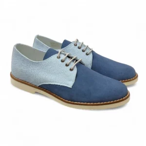 Zapato blucher comunion niño color jeans combinado con celeste.