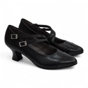 Zapatos de salón Pitillos 10857 negros de piel, estilo Mary Jane con doble hebilla cruzada, tacón cómodo.