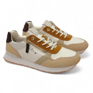 Zapatillas deportivas mujer Mntg beige y blanco con cremallera lateral dorada
