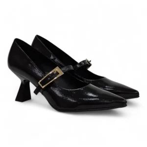 Zapato mujer Mary Jane negro charol tacón geométrico hebilla dorada Daniela Vega 2719