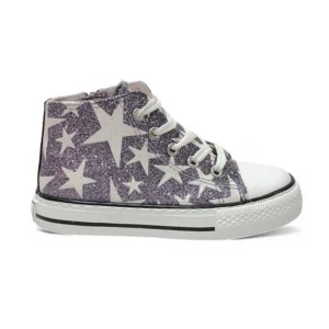 Bota Conguitos niña estrellas plata, vista lateral con cordones blancos, cremallera lateral y suela de caucho