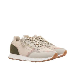 Zapatillas Mustang 60911 para mujer en color rosa y beige con detalles en verde oliva y cierre de cremallera lateral.