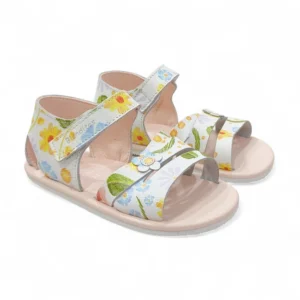 Sandalia respetuosa para niña Blanditos Malta en piel blanca con estampado floral multicolor