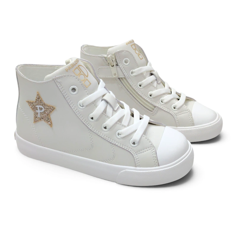 Par de botas barefoot Pablosky niña en tono crema off white con cremallera lateral interna y cordones
