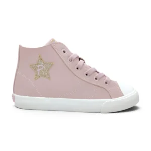 Bota alta Pablosky Barefoot para niña en color rosa pastel con estrella dorada de purpurina y suela plana blanca.
