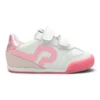 Vista lateral de deportiva respetuosa Pablosky niña en piel blanca con suela plana zero drop y detalles rosa metalizado.