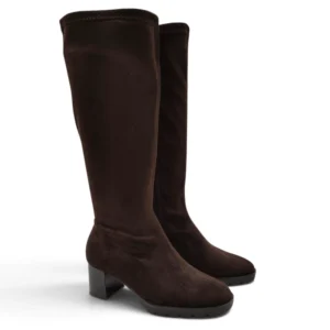 Botas altas de mujer D'Angela en licra elástica de color marrón con tacón ancho