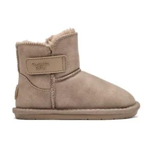 Bota australiana barefoot Conguitos GoFlex para niña en color taupe con suela flexible y tira de velcro.