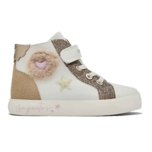 Bota deportiva Conguitos para niña 282119 blanca con brillo dorado, estrella y detalle de corazón de pelo